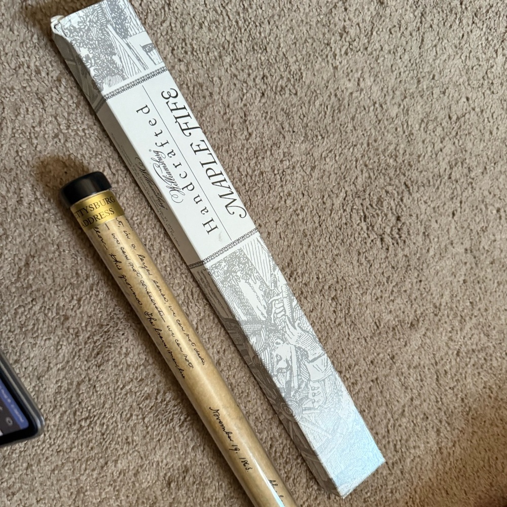 Vintage Handcrafted Cooperman Souvenir Maple Fife + Copy of Gettysburg Address